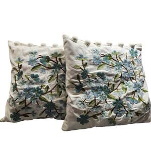 Embroidered Blue Cherry Blossom Square Pillow Sham Cases 18"x18" Button Closure